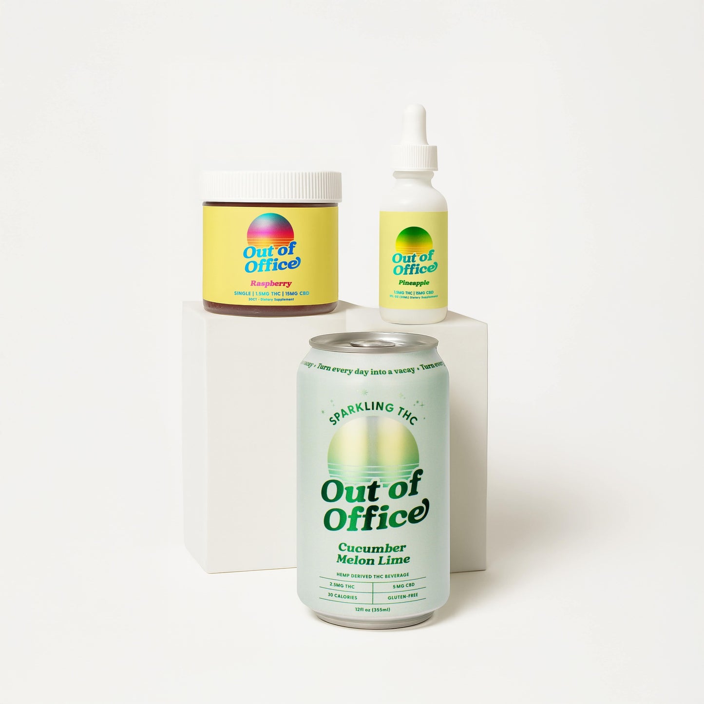 Front view of Beginner Bundle with raspberry gummies, pineapple tincture, and cucumber melon lime THC can on white background