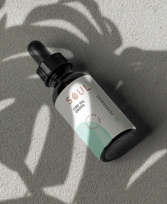 Angled view of Soul CBD oil drops bottle showcasing peppermint and 2500 mg CBD zero THC on textured surface with leaf shadows