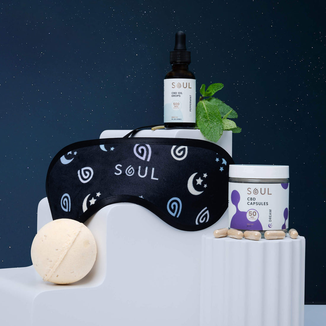 Front view of Soul CBD oil drops bottle showcasing the Soul label, 500 mg peppermint text with mint leaves and a starry-night background