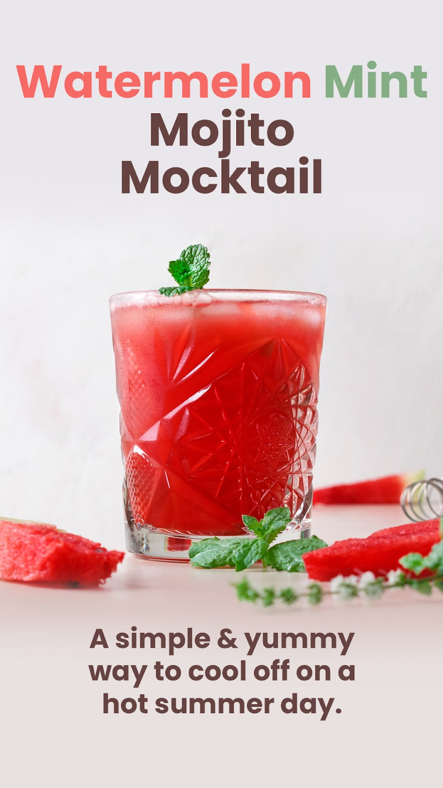 Promotional banner showing a watermelon mint mojito mocktail in a patterned glass with headline ‘Watermelon Mint Mojito Mocktail’