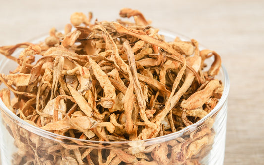 Close-up of dried cordyceps mushrooms in a clear glass bowl on a light woven background