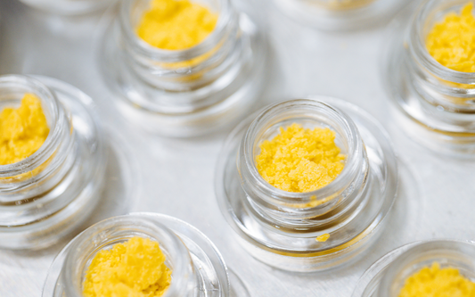 Top-down close-up of small glass jars with bright yellow THC concentrate crumble on a metal tray