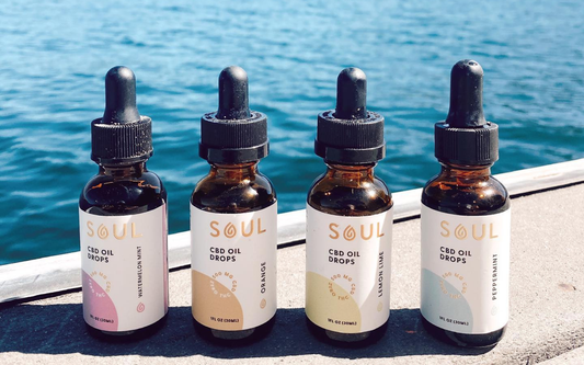 Front view of four Soul CBD oil drops bottles labeled Watermelon Mint, Orange, Lemon Lime and Peppermint on a dock with blue water background