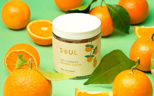 Front view of Soul CBD Gummies Orange Cream jar showcasing cream-colored label, white lid, and orange illustrations with whole and sliced oranges on green background