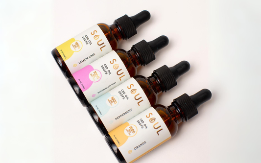 Diagonal view of four Soul CBD oil droppers showing flavor labels Lemon Lime, Watermelon Mint, Peppermint, Orange on white