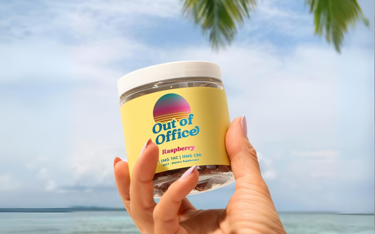 Angled view of Out of Office Raspberry jar showcasing yellow label with retro sunset logo, clear glass jar and white lid held against a beach background
