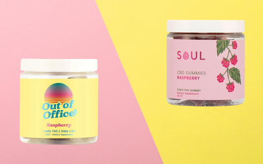 Front view of two raspberry gummy jars with brand labels and THC/CBD dosages on split pink and yellow background