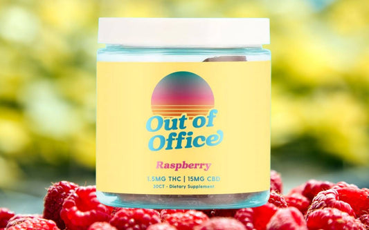 Front of Out of Office Raspberry gummy jar showing label 1.5MG THC 15MG CBD on raspberries with blurred green background