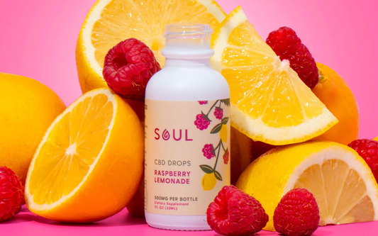 Front view of Soul CBD drops bottle, Raspberry Lemonade 500mg, with lemons and raspberries on pink background