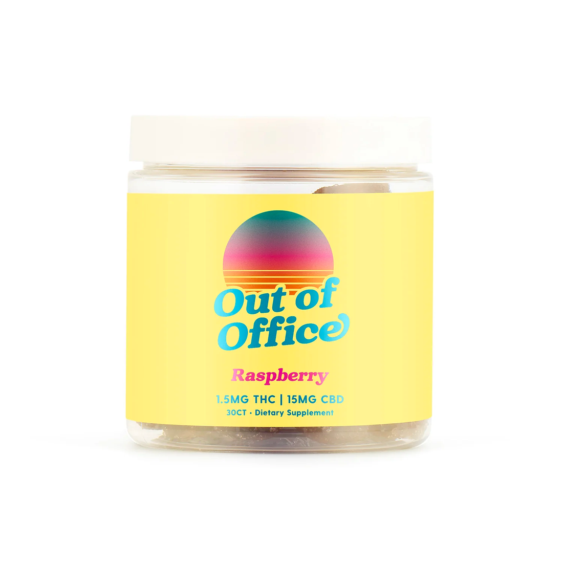 Front of Out of Office raspberry gummy jar showing yellow label with logo and 1.5MG THC and 15MG CBD on a white background