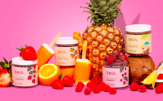 Display of Soul CBD Gummies jars (strawberry, orange cream, raspberry, pina colada) with fruit and popsicles on pink background
