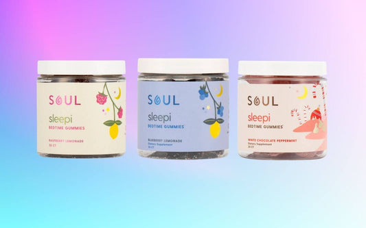 Front view of three Soul sleepi bedtime gummies jars with colorful flavor labels on a pastel gradient background