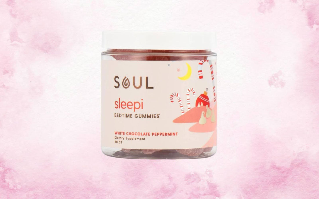 Front view of Soul Sleepi bedtime gummies jar showing white chocolate peppermint flavor and 30 CT label on pink watercolor background