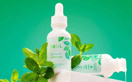 Front view of Soul CBD Drops Peppermint bottle with dropper and fresh mint leaves on a green gradient background