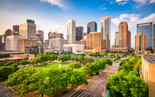Texas city skyline above a tree-lined park and wide boulevard at golden hour