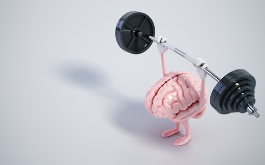 Anthropomorphic brain lifting a heavy barbell to symbolize improved memory and focus on a light gray background