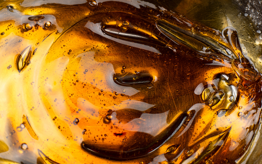 Close-up of amber THC extract showcasing glossy resin texture with small air bubbles