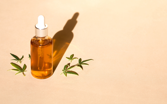 Front view of THC oil dropper bottle showcasing amber oil in a clear glass pipette bottle with beige background and small cannabis leaves
