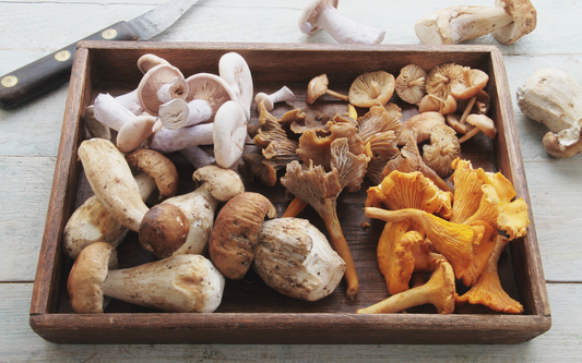 Assorted wild mushrooms in a wooden tray on a pale wooden table