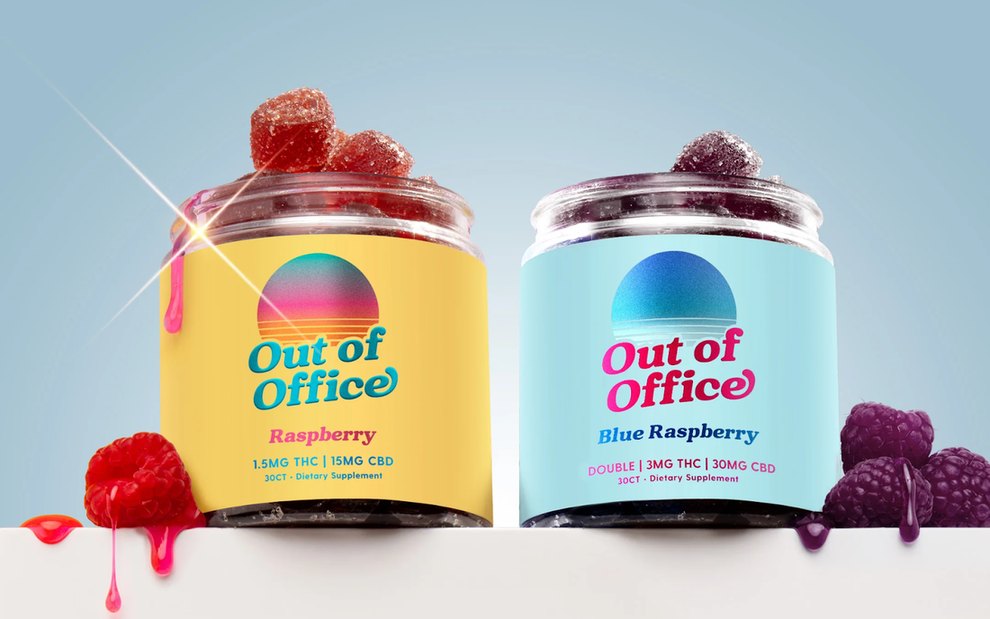 Front of two Out of Office jars, Raspberry (1.5mg THC, 15mg CBD) and Blue Raspberry (3mg THC, 30mg CBD)