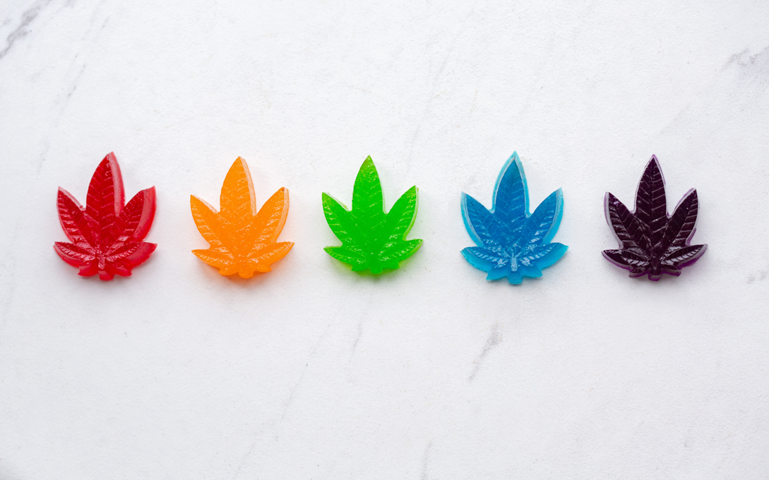 Vista superior de cinco gomitas en forma de hoja de cannabis en rojo, naranja, verde, azul y morado sobre fondo blanco de mármol