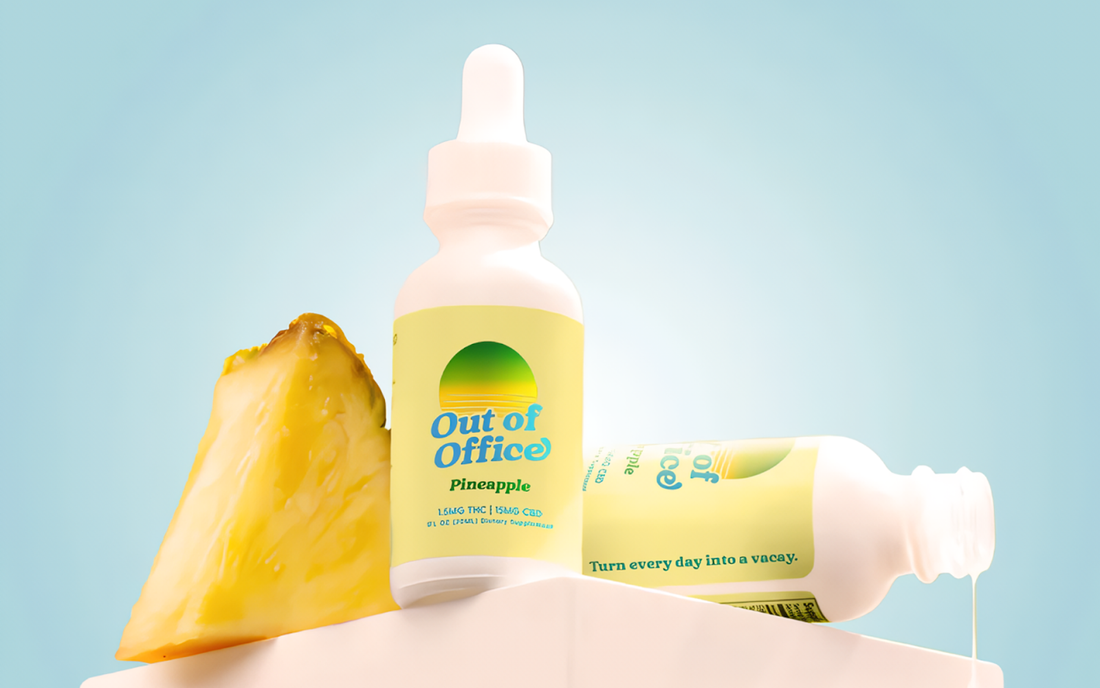 Front view of Out of Office Pineapple THC oil dropper bottle showcasing yellow label and pineapple wedge with pale blue background