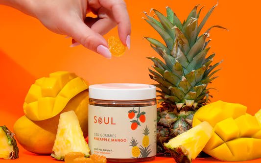 Hand picking a pineapple mango gummy above a Soul CBD gummies jar with fresh mango and pineapple on an orange background
