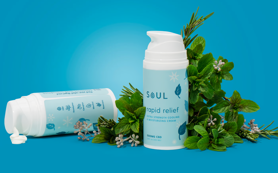 Front view of Soul Rapid Relief cream showing pump and label reading rapid relief 1500mg CBD with mint sprigs on blue background