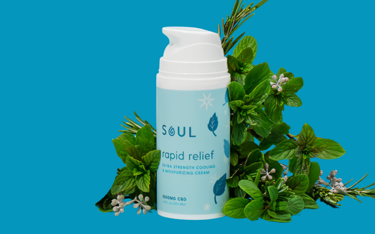 Front view of Soul Rapid Relief pump bottle showing light blue label and pump with mint and rosemary on teal background