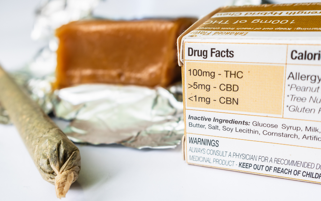 Close-up of edible packaging Drug Facts: 100mg THC, >5mg CBD, <1mg CBN, with a rolled joint and unwrapped caramel behind