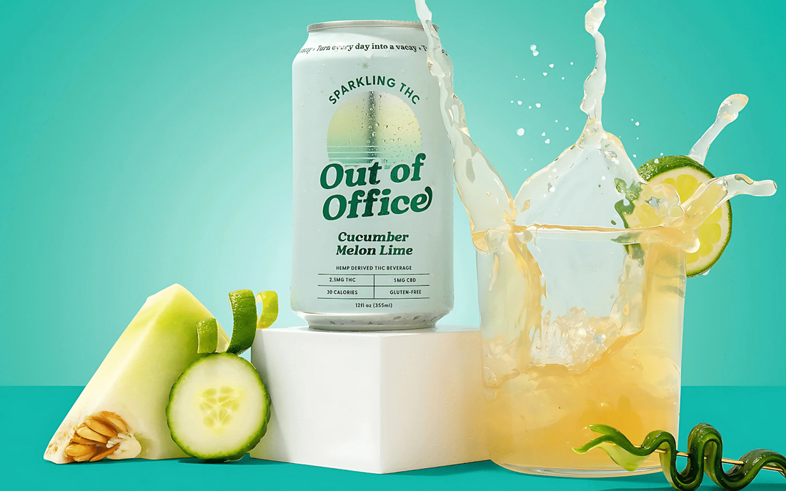 Out of Office sparkling THC can, Cucumber Melon Lime, front view beside splashing glass with cucumber and melon on teal background