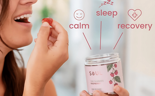 Woman eating a raspberry CBD gummy from a Soul jar, arrows pointing to benefits labeled calm, sleep, recovery