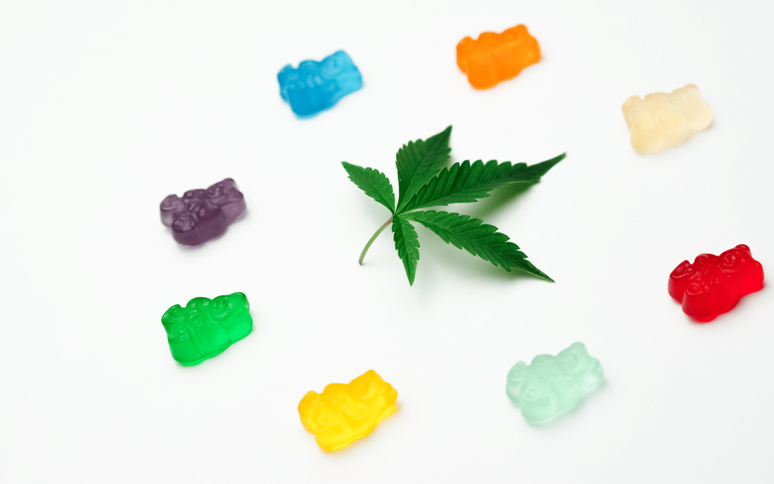 Green cannabis leaf surrounded by colorful gummy bear edibles on a white background
