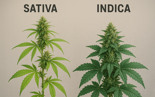 Side-by-side photo comparing Sativa and Indica cannabis plants labeled ‘SATIVA’ and ‘INDICA’