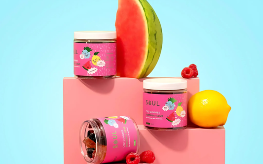 Front view of three Soul CBD gummy jars with pink labels; one tipped open showing gummies, with watermelon, lemon, and raspberries on pink blocks
