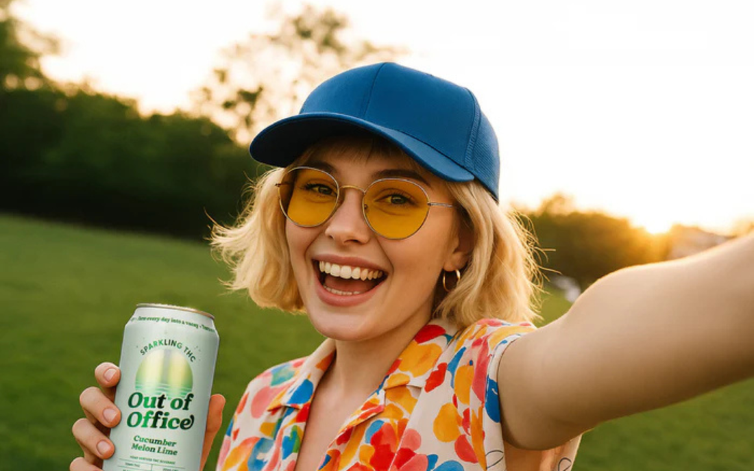 Woman smiling in a blue cap holding an Out of Office sparkling THC can (Cucumber Melon Lime) in a sunlit park