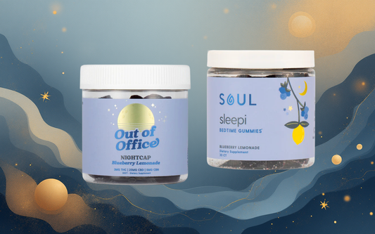 Front view of two jars: Out of Office Nightcap and SOUL Sleepi blueberry lemonade gummies with white lids on starry background
