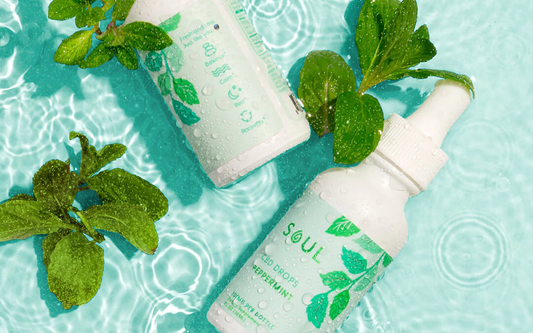 angled top-down view of Soul CBD Drops Peppermint bottle showcasing dropper cap and label with turquoise water and mint leaves background