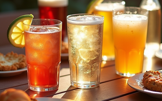 Three chilled mixed drinks on a sunlit patio table, one garnished with a lime slice and ice, pastries on plates nearby