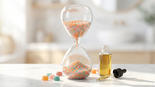Hourglass with pastel candy-like beads trickling beside a CBD oil dropper bottle on a bright kitchen countertop