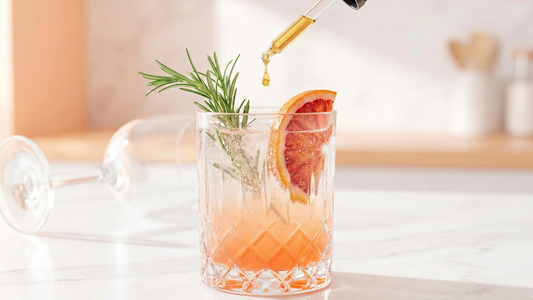 Dropper adding CBD oil to a grapefruit cocktail in a crystal tumbler garnished with rosemary on a marble countertop