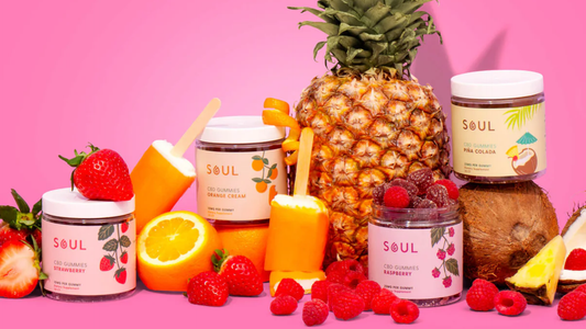 SOUL CBD gummy jars displayed with strawberries, orange slices, pineapple, coconut, and popsicles on a pink background