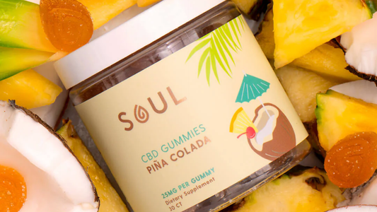 Angled close up of Soul Piña Colada CBD gummies jar showing label art with sliced pineapple and coconut background