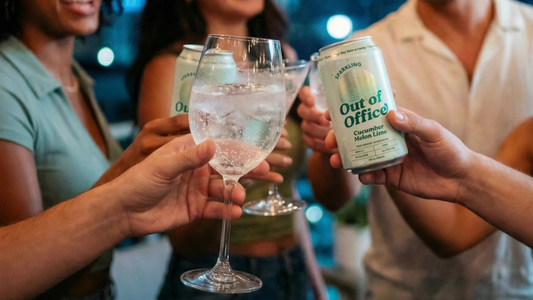 Friends toasting with a wine glass and canned sparkling beverages at an evening gathering