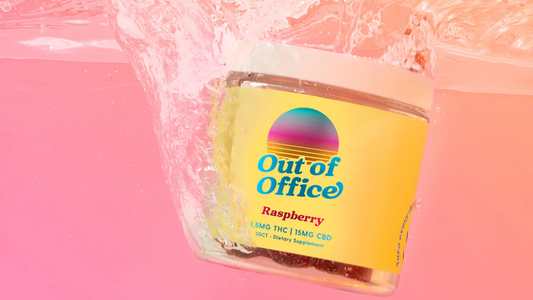 Angled jar of Out of Office Raspberry gummies showing label with 1.5mg THC, 15mg CBD and 30-count, pink background with water splash