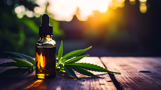 Amber dropper bottle of CBD oil on a wooden table beside cannabis leaves at sunset