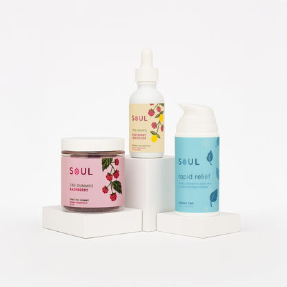 Front view of Healthline Select Bundle: three Soul CBD products, raspberry gummies, raspberry lemonade drops, rapid relief pump