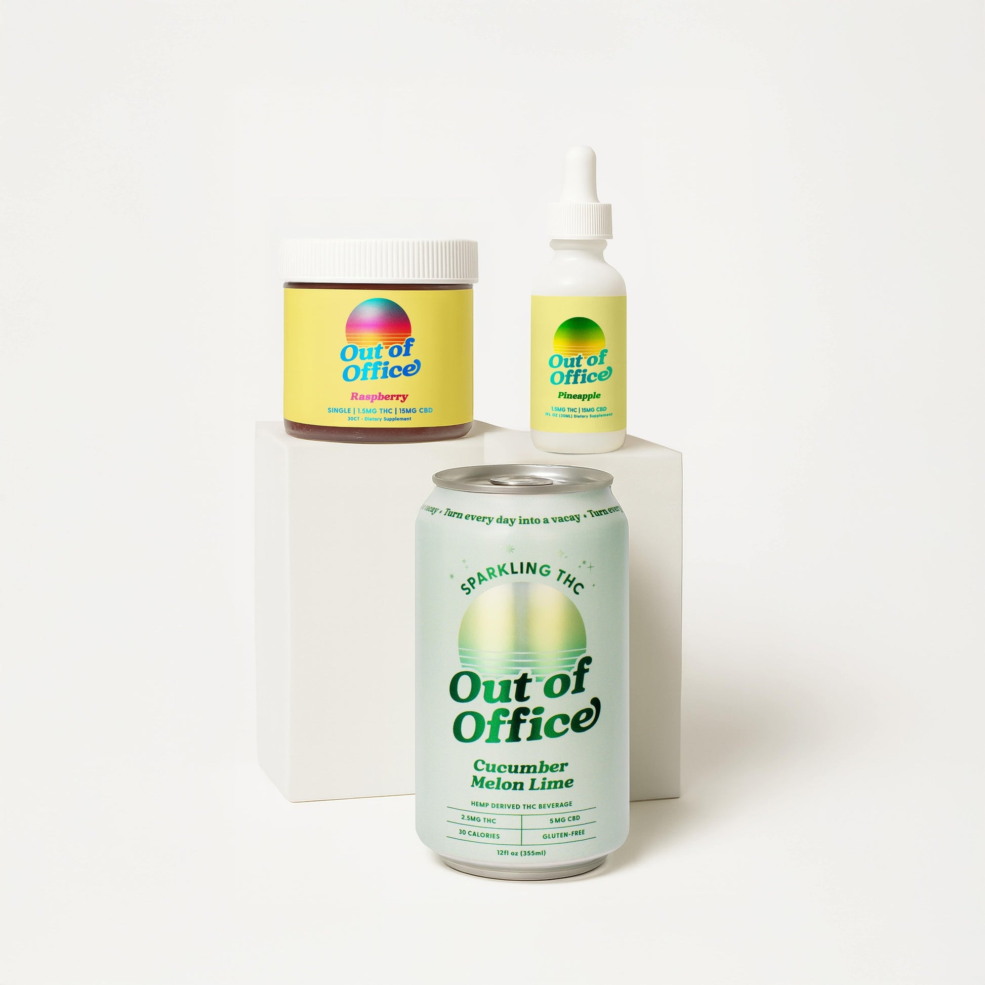 Front view of Beginner Bundle with raspberry gummies, pineapple tincture, and cucumber melon lime THC can on white background