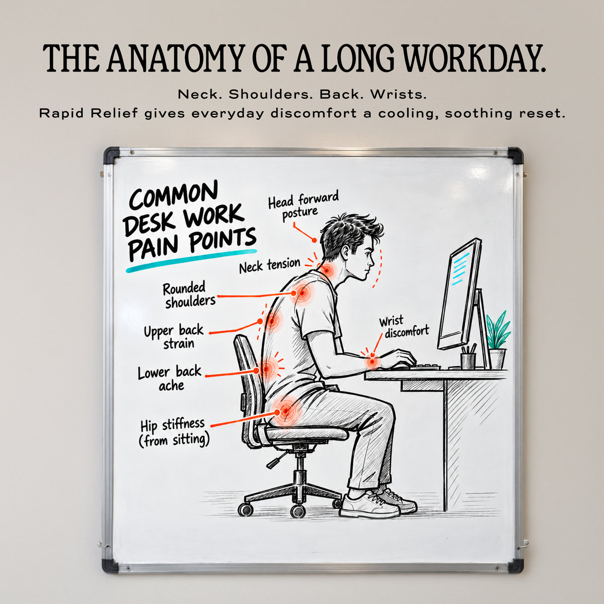 Common desk-work pain points: neck, shoulders, back and wrists