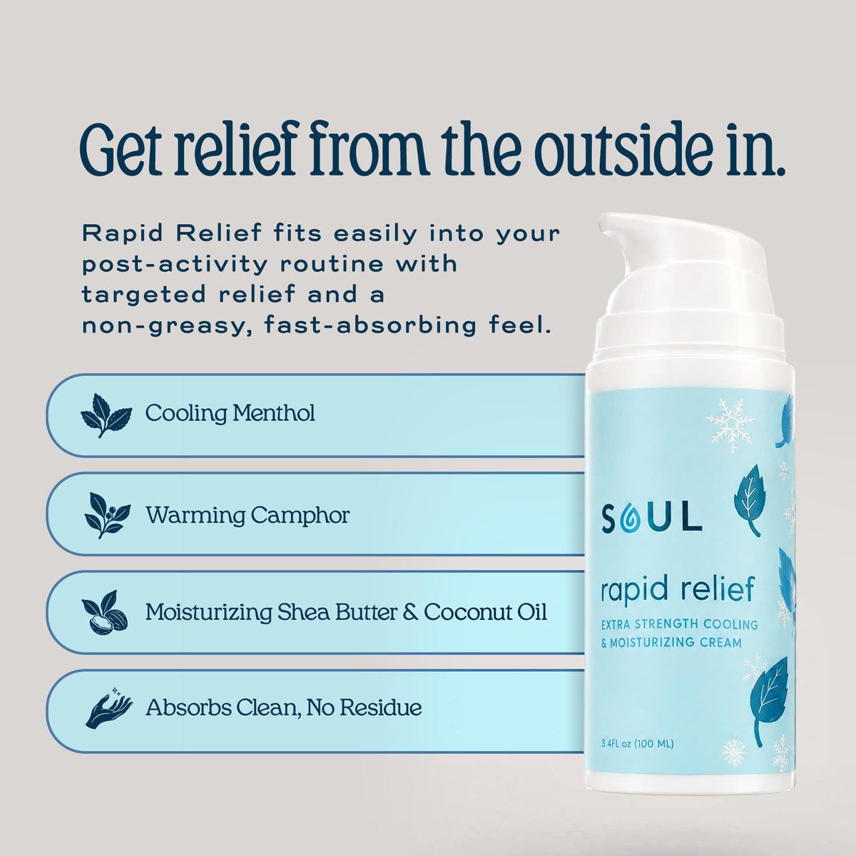Rapid Relief ingredients: cooling menthol, warming camphor, shea butter and coconut oil